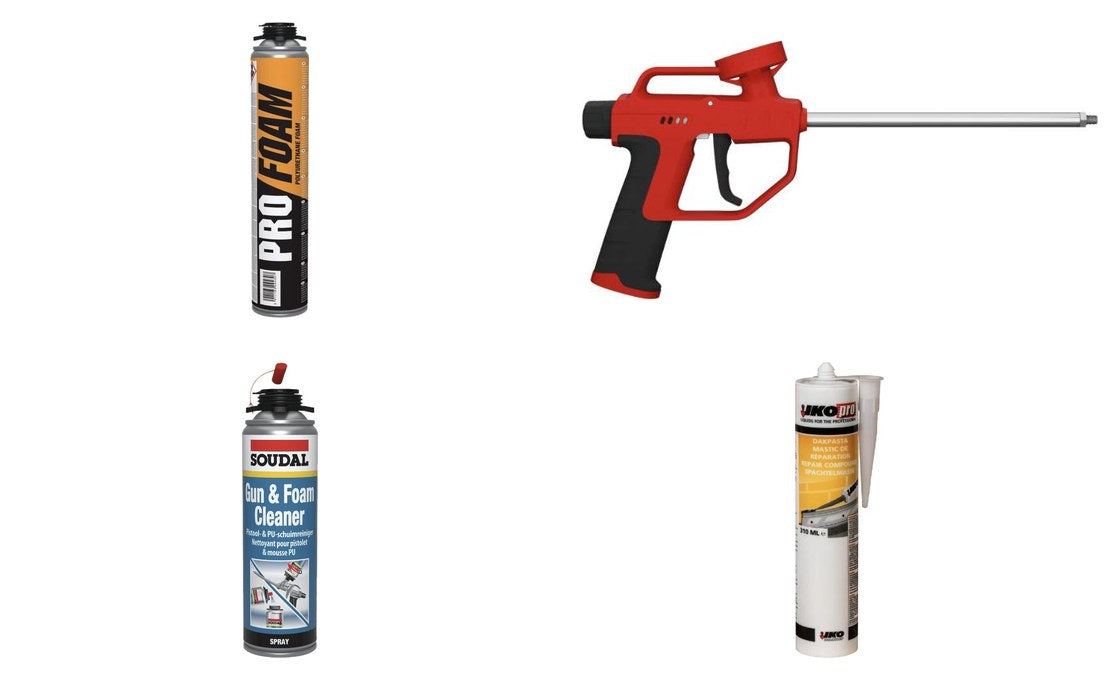 Pro Foam PU-schuim, Soudal PU-pistool, Soudal pistoolreiniger en IKOpro dakpasta